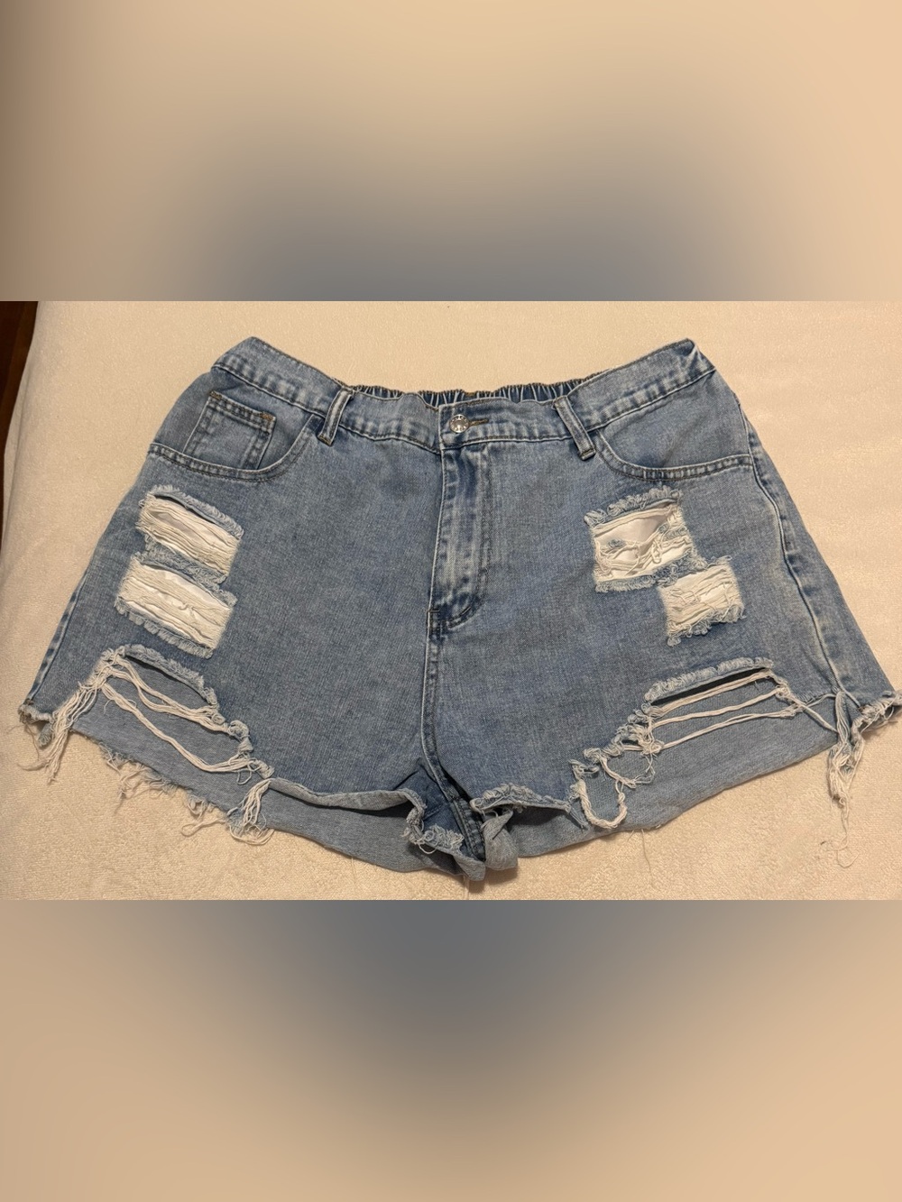 High-Rise Distressed Denim Shorts - Light Blue